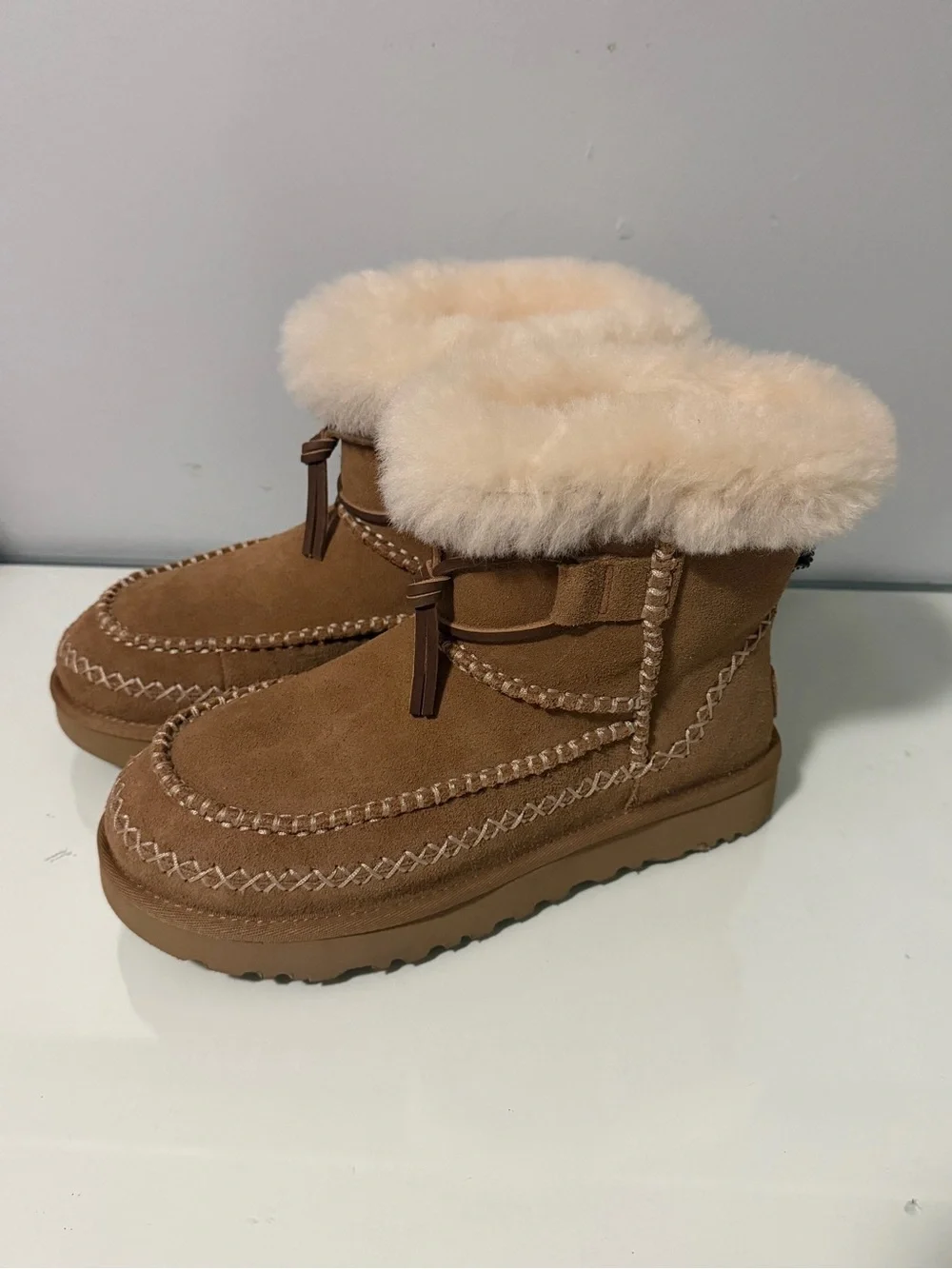 UGG classic mini alpine Boot- Chestnut Suede Faux-Fur Cuff Boot